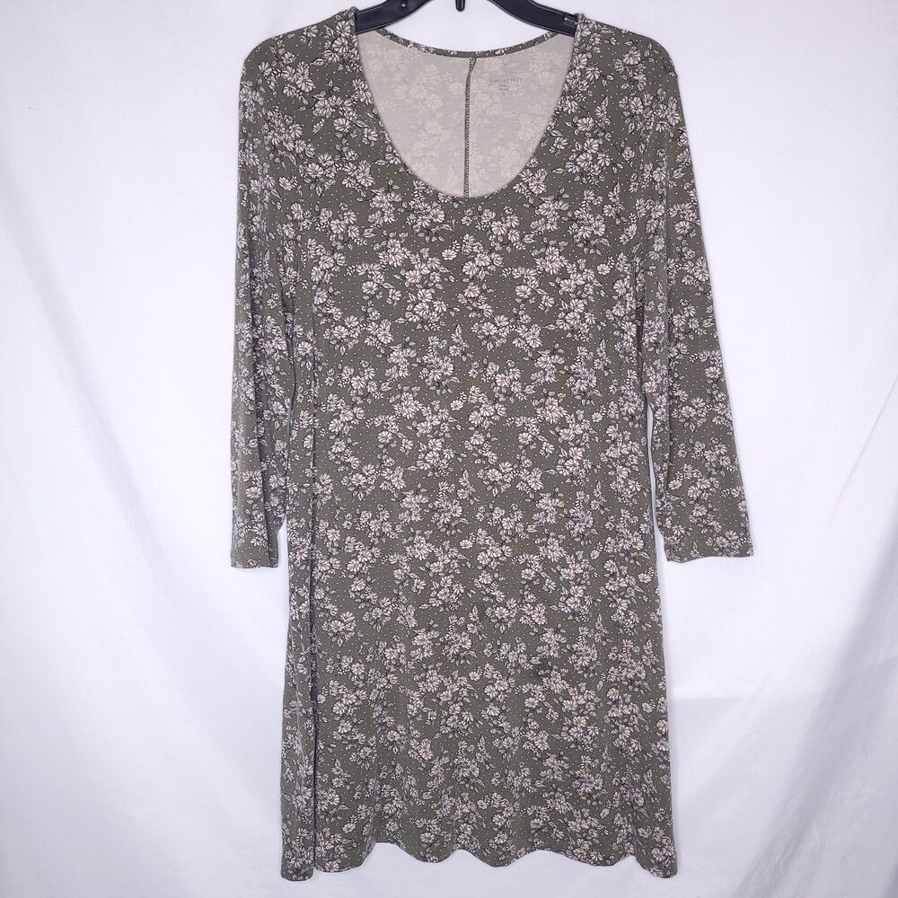 Garnet Hill Dress Small Olive Dot Floral 3/4 Sleeve Swing